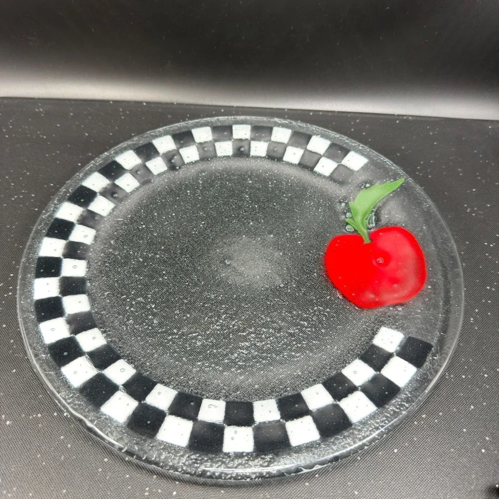 Peggy Karr Fused Glass Platter Black‎ White Checkerboard Apple Serving Tray 11